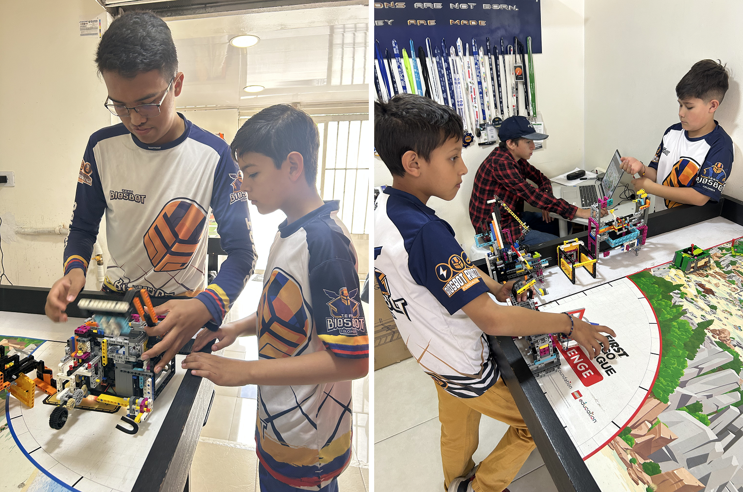 Niños de Fundación Biosbot construyendo robots LEGO y programando